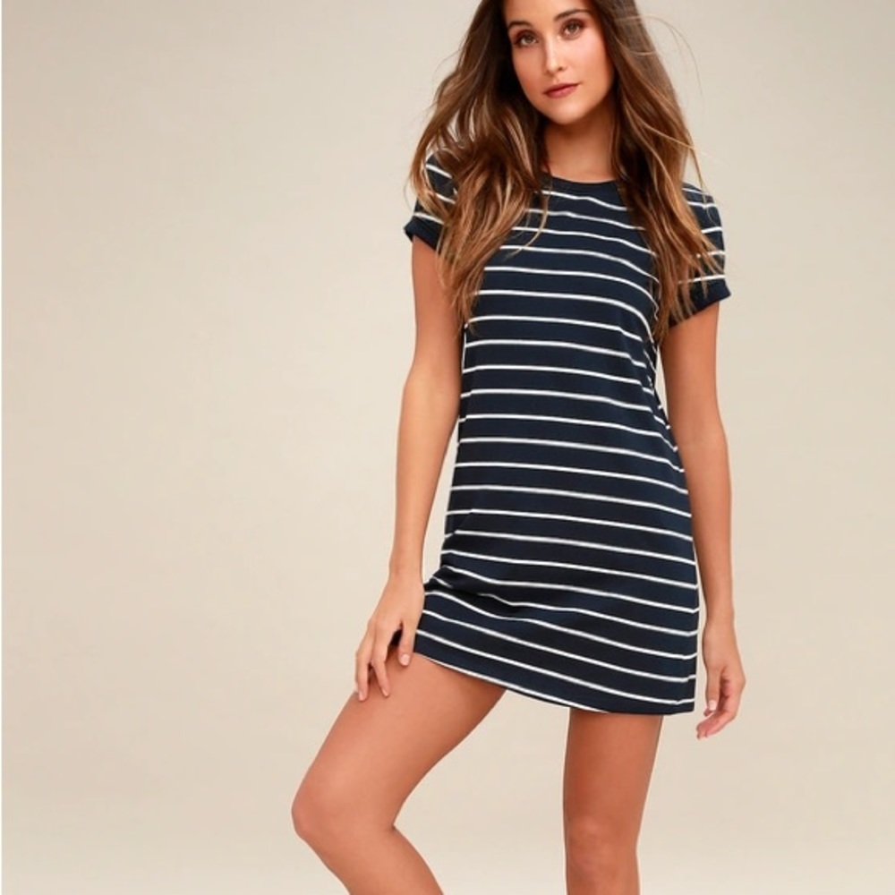 Lulus Cafe Society Navy T Shirt Stripe Dress